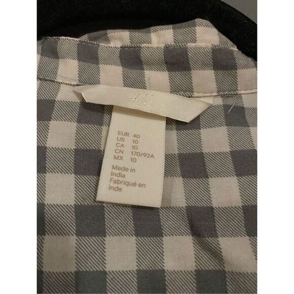 H&M Ivory Grey Modal Plaid Checked Long Sleeve Button Front Blouse Size 10 - Picture 6 of 8